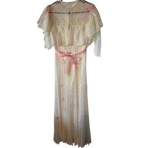 VTG 1960s Ivory Lace Dress Pink Flowers Long Sleeve Prairie Victorian Wedding